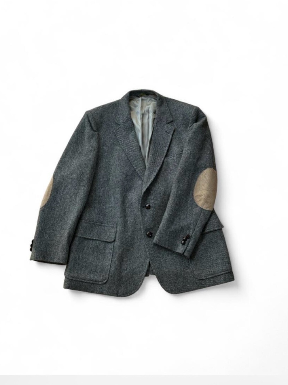Vintage Wool Gray Tweed Blazer Leather Elbow Patch Sport Coat Herringbone 42L